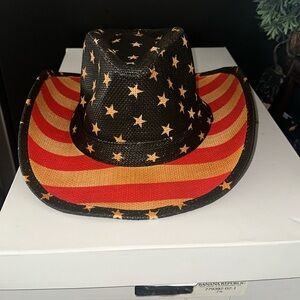 PUGS RAGER Blue Red Tan Star Striped Western Cowboy Hat Unisex Shapable Flexible